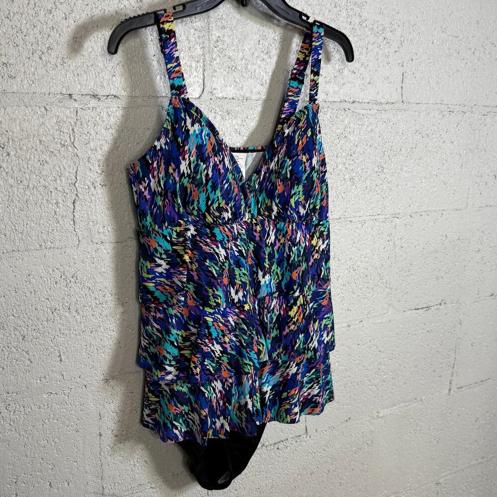 Swim Solutions Women's Printed Tiered Fauxkini 1pc swimsuit Rainbow Rain 14 $102